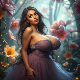 A surreal fantasy scene showcasing a beautiful woman with oversized features, emphasizing her exaggeratedly large breasts, set in an enchanted forest filled with vibrant, oversized flowers and shimmering fairy lights