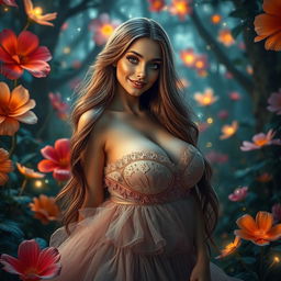 A surreal fantasy scene showcasing a beautiful woman with oversized features, emphasizing her exaggeratedly large breasts, set in an enchanted forest filled with vibrant, oversized flowers and shimmering fairy lights