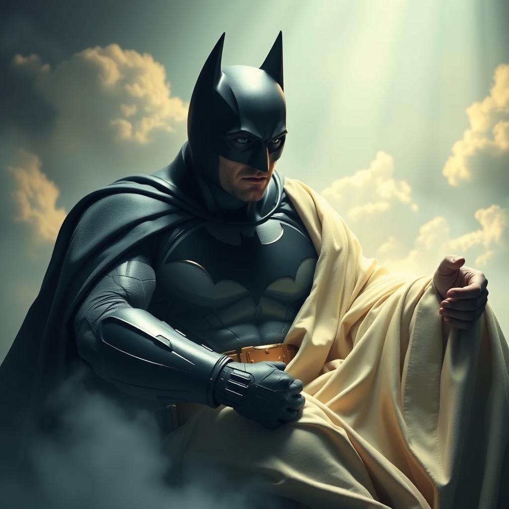 A dramatic scene depicting Batman sitting on the lap of Jesus Christ, with tears in Batman's eyes