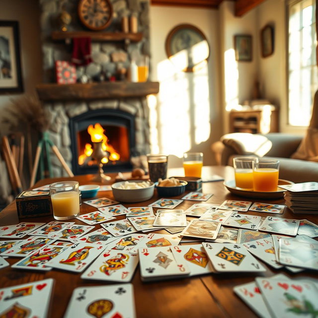 A vibrant scene showcasing a wide variety of playing cards spread out on a wooden table in a cozy, softly lit room
