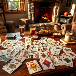 A vibrant scene showcasing a wide variety of playing cards spread out on a wooden table in a cozy, softly lit room