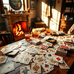 A vibrant scene showcasing a wide variety of playing cards spread out on a wooden table in a cozy, softly lit room