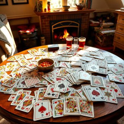 A vibrant scene showcasing a wide variety of playing cards spread out on a wooden table in a cozy, softly lit room
