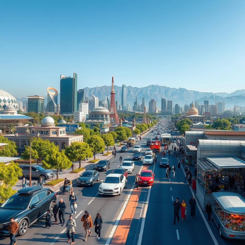 A vibrant and futuristic cityscape of Tehran, Iran in the year 2025, showcasing modern architecture with a blend of traditional Persian elements