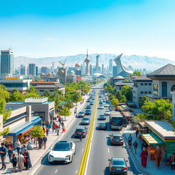 A vibrant and futuristic cityscape of Tehran, Iran in the year 2025, showcasing modern architecture with a blend of traditional Persian elements