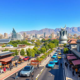 A vibrant and futuristic cityscape of Tehran, Iran in the year 2025, showcasing modern architecture with a blend of traditional Persian elements