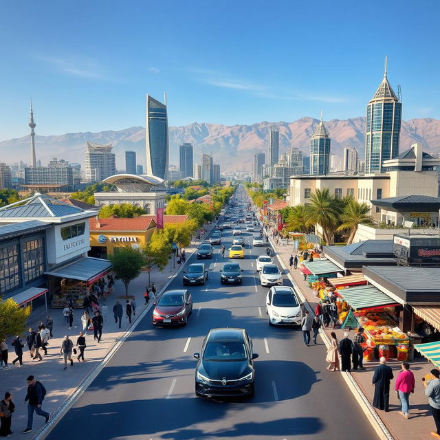 A vibrant and futuristic cityscape of Tehran, Iran in the year 2025, showcasing modern architecture with a blend of traditional Persian elements