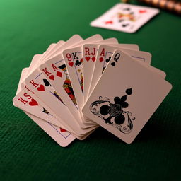 A beautifully arranged fan of traditional playing cards, displaying intricate designs and vivid colors