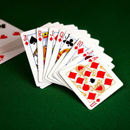 A beautifully arranged fan of traditional playing cards, displaying intricate designs and vivid colors