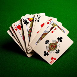 A beautifully arranged fan of traditional playing cards, displaying intricate designs and vivid colors