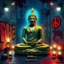 A surreal artwork depicting Gautam Buddha sitting peacefully in meditation against a vibrant, modern urban backdrop that incorporates elements inspired by Tupac's iconic style