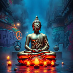 A surreal artwork depicting Gautam Buddha sitting peacefully in meditation against a vibrant, modern urban backdrop that incorporates elements inspired by Tupac's iconic style