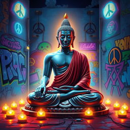 A surreal artwork depicting Gautam Buddha sitting peacefully in meditation against a vibrant, modern urban backdrop that incorporates elements inspired by Tupac's iconic style