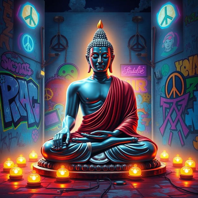 A surreal artwork depicting Gautam Buddha sitting peacefully in meditation against a vibrant, modern urban backdrop that incorporates elements inspired by Tupac's iconic style