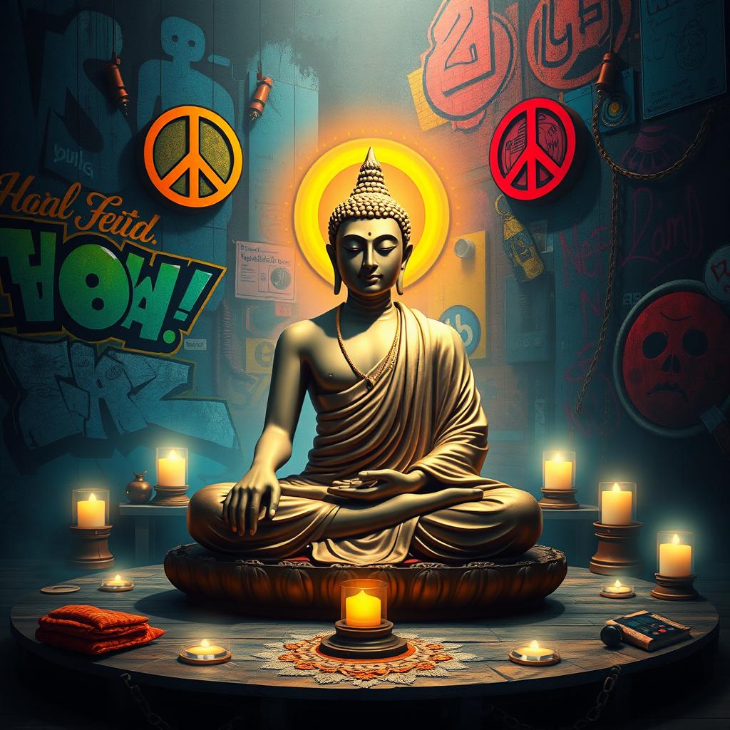 A surreal artwork depicting Gautam Buddha sitting peacefully in meditation against a vibrant, modern urban backdrop that incorporates elements inspired by Tupac's iconic style