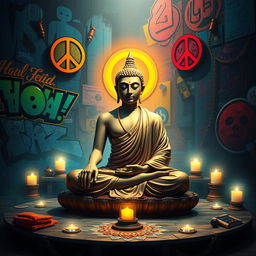 A surreal artwork depicting Gautam Buddha sitting peacefully in meditation against a vibrant, modern urban backdrop that incorporates elements inspired by Tupac's iconic style