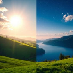 A vibrant and dynamic video made from a beautiful photo, showcasing a serene landscape transitioning through day and night