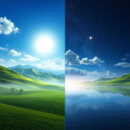 A vibrant and dynamic video made from a beautiful photo, showcasing a serene landscape transitioning through day and night