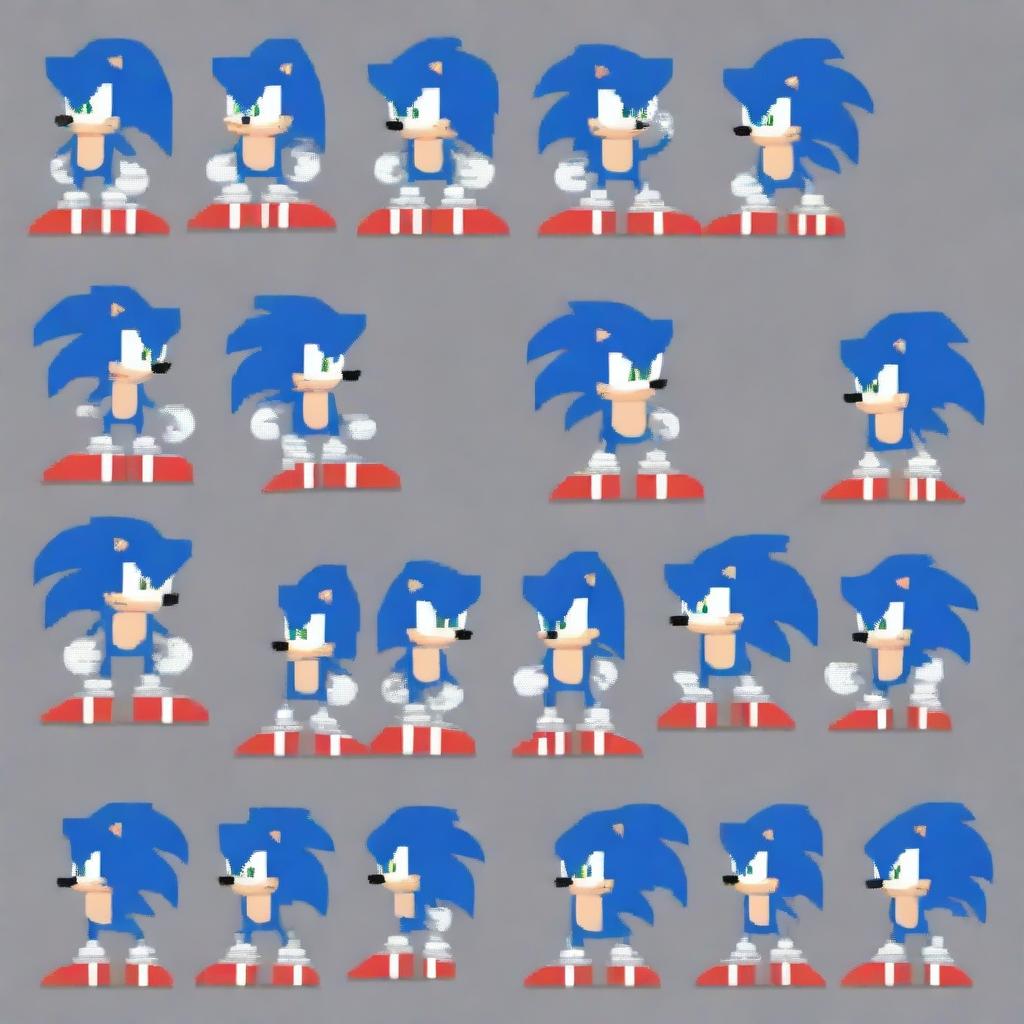 An elongated pixel art sprite sheet of Sonic the Hedgehog, styled after the game Friday Night Funkin'