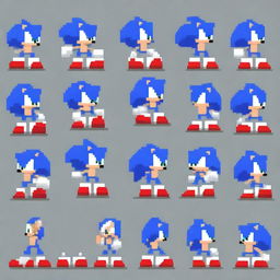 An elongated pixel art sprite sheet of Sonic the Hedgehog, styled after the game Friday Night Funkin'