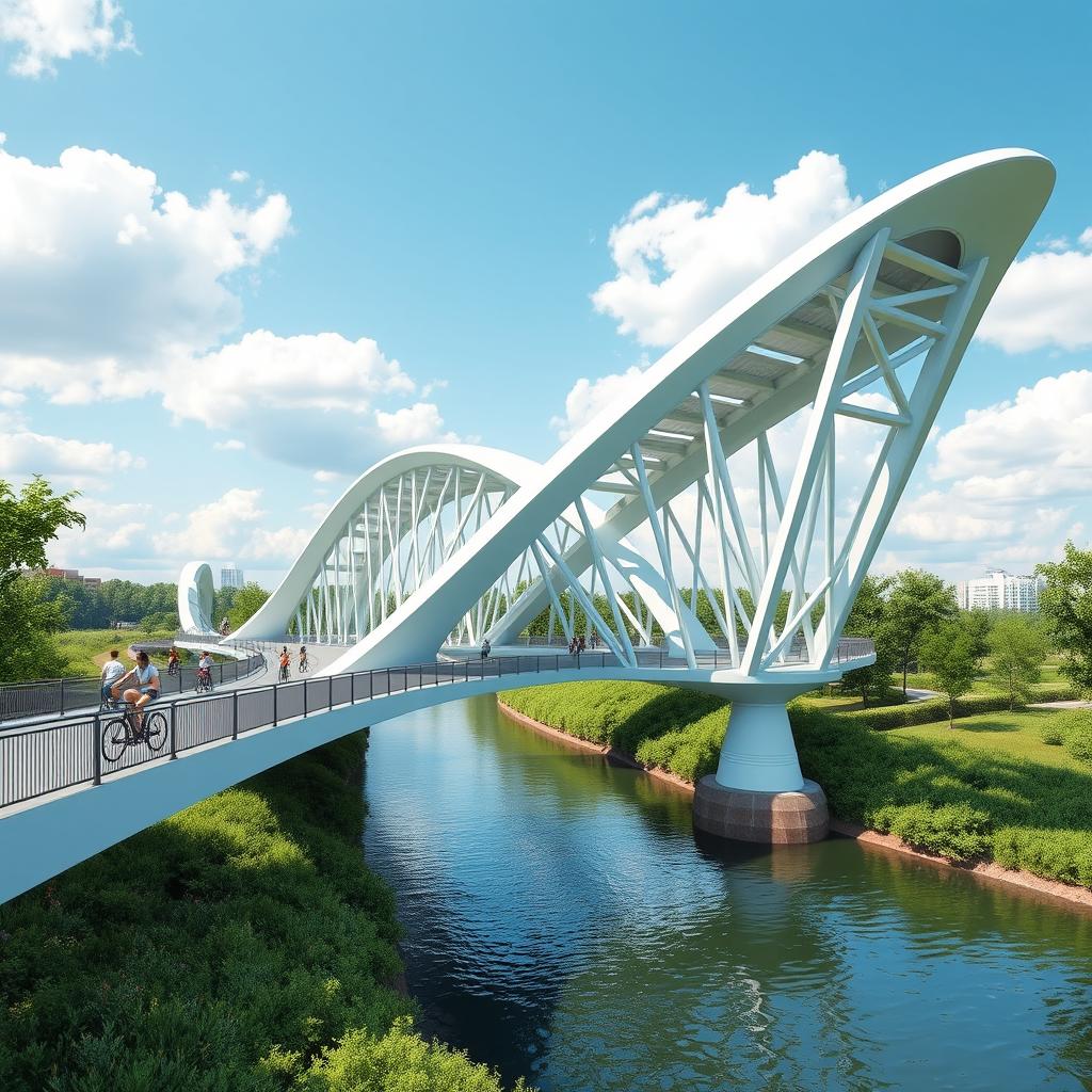A highly detailed 3D rendering of an innovative bridge design, showcasing a modern architectural style with sleek lines and sustainable materials