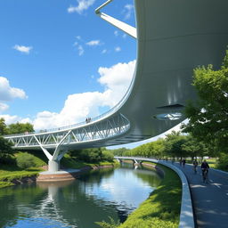 A highly detailed 3D rendering of an innovative bridge design, showcasing a modern architectural style with sleek lines and sustainable materials