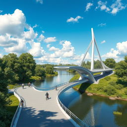 A highly detailed 3D rendering of an innovative bridge design, showcasing a modern architectural style with sleek lines and sustainable materials