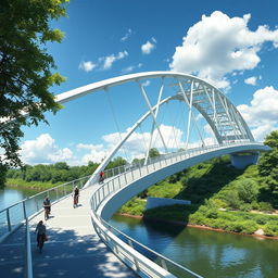 A highly detailed 3D rendering of an innovative bridge design, showcasing a modern architectural style with sleek lines and sustainable materials