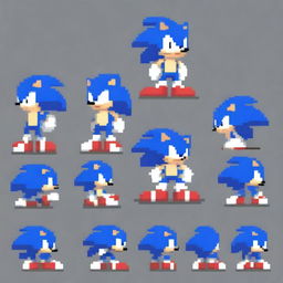 An elongated pixel art sprite sheet of Sonic the Hedgehog, styled after the game Friday Night Funkin'