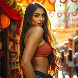 A vibrant and eye-catching scene featuring an attractive Latina woman with an hourglass figure, emphasizing her prominent curves