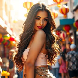 A vibrant and eye-catching scene featuring an attractive Latina woman with an hourglass figure, emphasizing her prominent curves