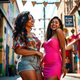 A vibrant and dynamic scene featuring two attractive Latina women with striking hourglass figures, emphasizing their prominent curves and confidence
