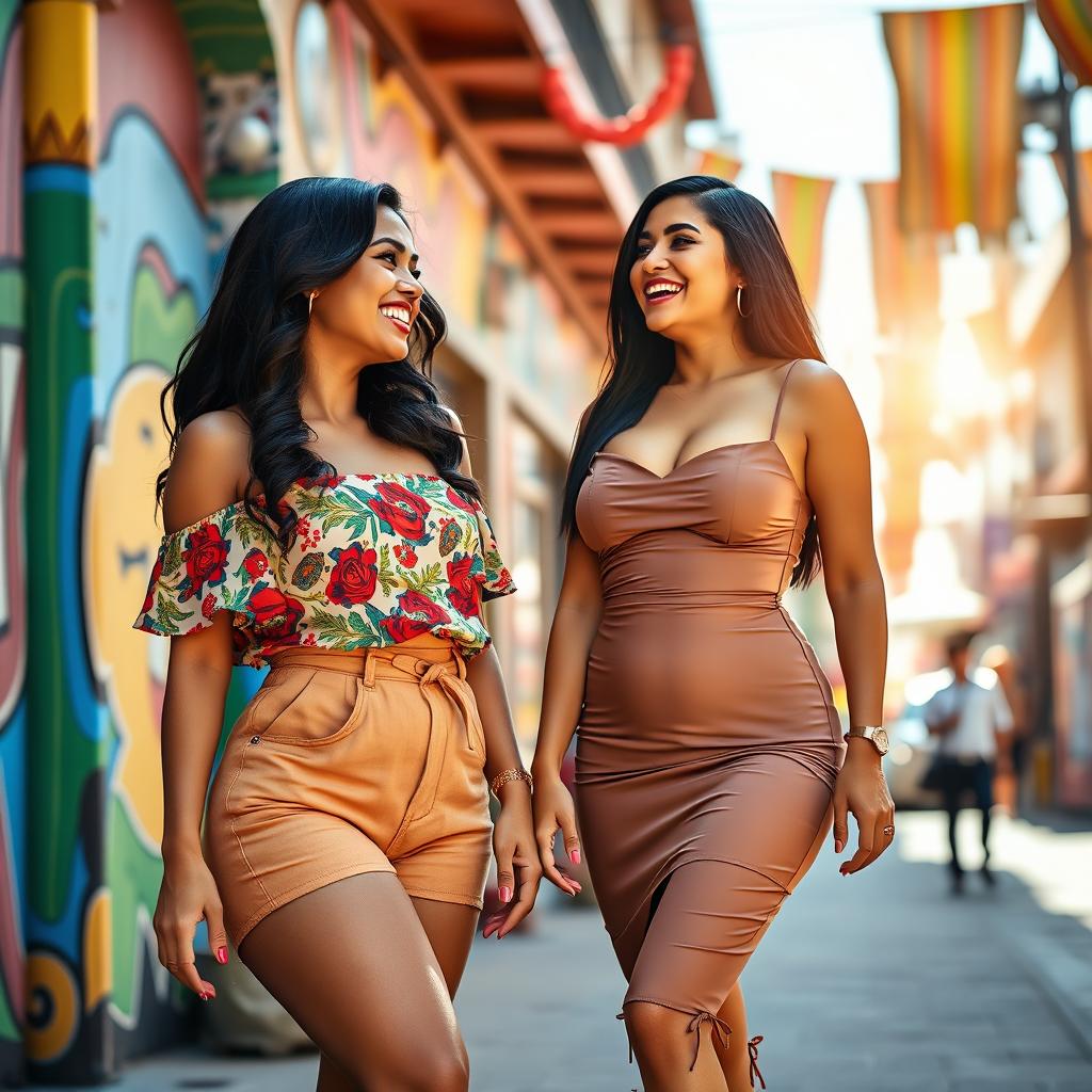 A vibrant and dynamic scene featuring two attractive Latina women with striking hourglass figures, emphasizing their prominent curves and confidence