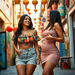 A vibrant and dynamic scene featuring two attractive Latina women with striking hourglass figures, emphasizing their prominent curves and confidence