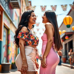 A vibrant and dynamic scene featuring two attractive Latina women with striking hourglass figures, emphasizing their prominent curves and confidence