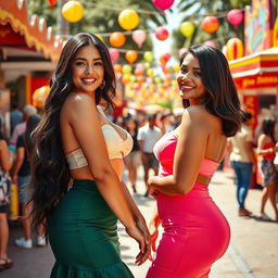 A lively and colorful scene featuring two glamorous Latina women with eye-catching hourglass figures, highlighting their curves