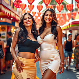 A lively and colorful scene featuring two glamorous Latina women with eye-catching hourglass figures, highlighting their curves