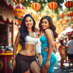 A lively and colorful scene featuring two glamorous Latina women with eye-catching hourglass figures, highlighting their curves