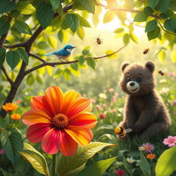 A vibrant scene in a lush garden featuring a colorful flower in full bloom, a small blue bird perched cheerfully on the branches of a tree, a friendly smiling bear sitting nearby, and a buzzing bee hovering around, creating a joyful and harmonious atmosphere