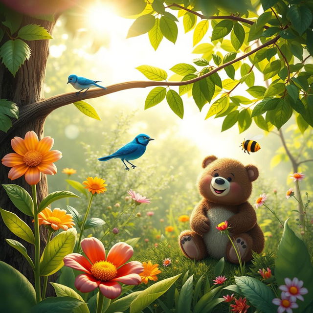 A vibrant scene in a lush garden featuring a colorful flower in full bloom, a small blue bird perched cheerfully on the branches of a tree, a friendly smiling bear sitting nearby, and a buzzing bee hovering around, creating a joyful and harmonious atmosphere