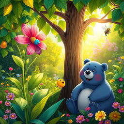 A vibrant scene in a lush garden featuring a colorful flower in full bloom, a small blue bird perched cheerfully on the branches of a tree, a friendly smiling bear sitting nearby, and a buzzing bee hovering around, creating a joyful and harmonious atmosphere