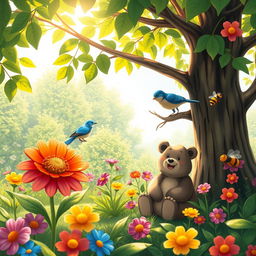 A vibrant scene in a lush garden featuring a colorful flower in full bloom, a small blue bird perched cheerfully on the branches of a tree, a friendly smiling bear sitting nearby, and a buzzing bee hovering around, creating a joyful and harmonious atmosphere