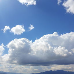 A serene sky filled with fluffy white clouds gently drifting across a bright blue background