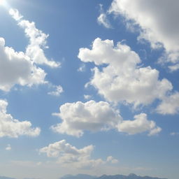 A serene sky filled with fluffy white clouds gently drifting across a bright blue background