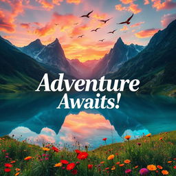 A stunning poster featuring a surreal landscape with towering mountains in the background, lush green valleys, and a vibrant sunset