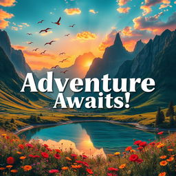 A stunning poster featuring a surreal landscape with towering mountains in the background, lush green valleys, and a vibrant sunset