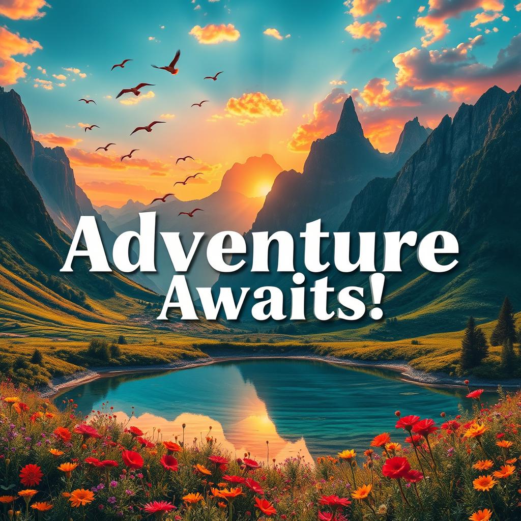 A stunning poster featuring a surreal landscape with towering mountains in the background, lush green valleys, and a vibrant sunset