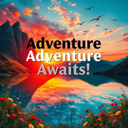 A stunning poster featuring a surreal landscape with towering mountains in the background, lush green valleys, and a vibrant sunset