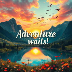 A stunning poster featuring a surreal landscape with towering mountains in the background, lush green valleys, and a vibrant sunset