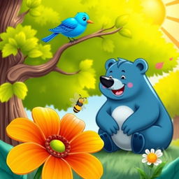 A vibrant scene featuring a colorful flower blooming in the foreground, a cheerful blue bird perched on a branch of a lush green tree, a friendly smiling bear sitting nearby with an inviting expression, and a single bee buzzing joyfully around the flower